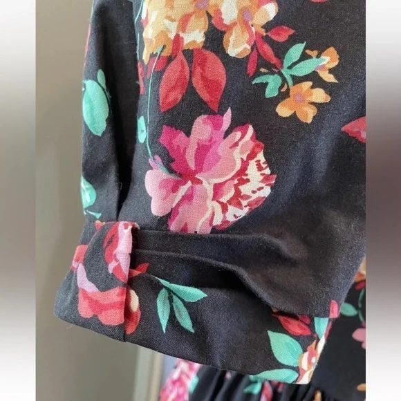 Laura Ashley prairie Floral black Dress with Pink and green Accents puff sleeve - Picture 4 of 13